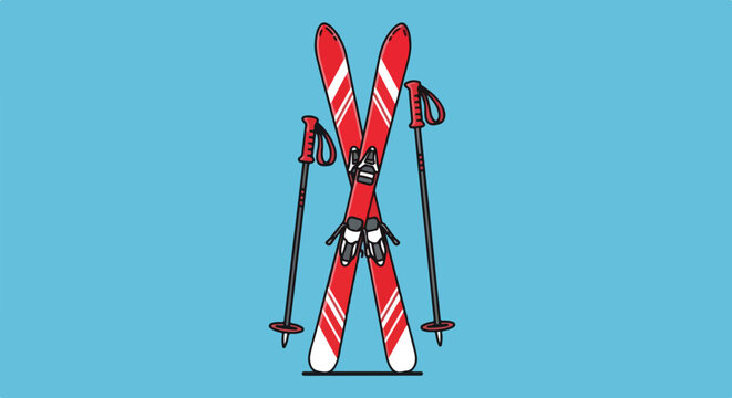 Stylized illustration of red skis and poles against a light blue backdrop symbolizing winter sport and recreation readiness