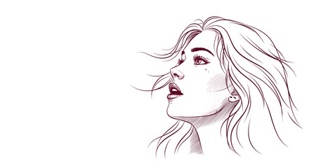 Charming woman portrait isolated on white background, looking up with a thoughtful expression, highlighting her flowing hair and refined features in a simple design