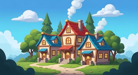 Whimsical hamlet nestled amidst verdant foliage under a bright azure sky evoking a sense of fairytale charm