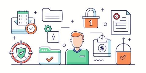 Modern flat illustration of various business and security icons including a calendar folder lock document target person clipboard and mouse