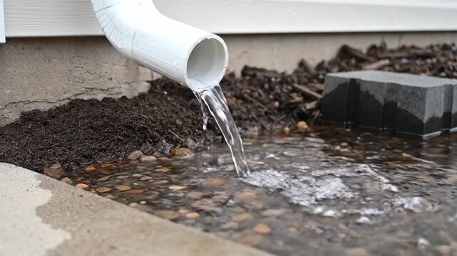 Water Flowing from a White Downspout Causing Pooling, Preventing Water Damage Near Foundation, Excess Water Flooding from Downspout in Residential Area