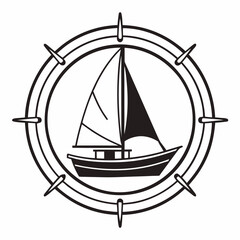Stylized black and white illustration of a sailboat within a compass rose representing nautical adventure and exploration