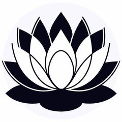 Stylized dark blue and white lotus flower illustration with clean lines and a simple circular background