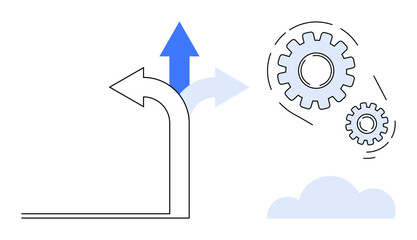 Two arrows diverge as gears turn above a cloud, representing decision-making, growth, and systems improvement. Ideal for business strategy, innovation, process management, collaboration, future