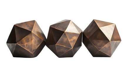 Striking bronze geometric polyhedron sculptures featuring abstract shapes patterns isolated on a transparent background