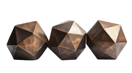 Striking bronze geometric polyhedron sculptures featuring abstract shapes patterns isolated on a transparent background