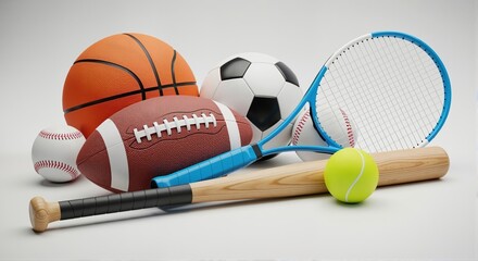 A collection of various sports equipment on a white background. Basketball, soccer, football, baseball, and tennis gear. Athletics and team sports concept.