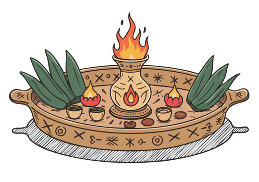 ornate ancestral offering tray with burning torch and traditional elements A stylized illustration evokes cultural heritage and spirituality Suitable for diverse commercial applications