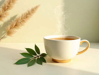 Wellness scene with delicate ceramic cup filled with soothing herbal neem tea, fresh green neem leaves beside it, soft serene light background, minimal flat lay, warm gentle daylight, modern clean sty