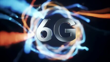 6G network technology concept with swirling blue and orange light trails representing high-speed data connection - Powered by Adobe