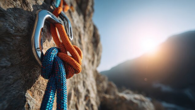 Close-up of climbing equipment on a rock face, sunlit - Powered by Adobe