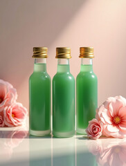Elegant high-end wellness branding featuring menopause detox shots in frosted glass bottles with golden caps, emerald spirulina matcha neem juice, soft pink floral accents