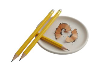 Yellow pencils, sharp, on minimalist matte white plate with iridescent graphite shavings, 45-degree top-down, clean studio, commercial precision concept