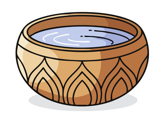 stylized illustration depicts a ceramic bowl filled with water and the Om symbol The design features a warm earthy tone and a soft pastel background 