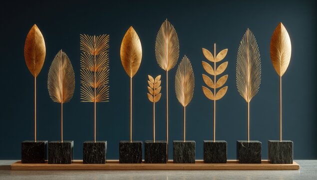 Gold leaf-shaped decor on dark bases