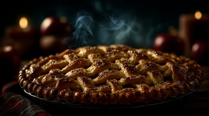 Apple pie with lattice crust, golden baked edges, steam rising