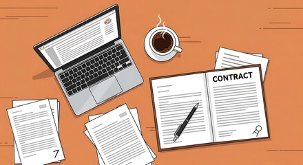 Workspace with contract, laptop, documents and a cup of hot coffee