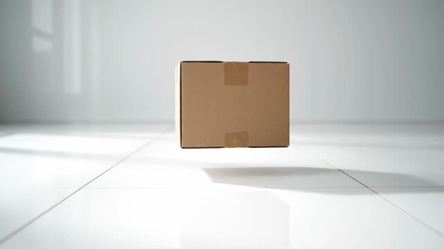 Cardboard Box Floats in a Minimalist White Room on a Tile Floor During Daylight Hours