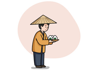 traditional Japanese man offers rice cakes with a solemn expression showcasing a cultural ritual Soft colors and a simple background highlight the offering Suitable for heritage and tradition themes