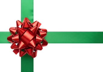 Sparkling red bow with a starburst shape sits on top of green ribbons intersect