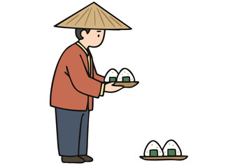 traditional Chinese man offers rice cakes symbolizing ancestral respect  Clean graphic illustration with a warm color palette Suitable for cultural themes and gift concepts