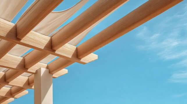 Minimalist pergola canopy made of smooth wood beams, modern outdoor living design, soft sunbeams filtering through against vibrant blue sky