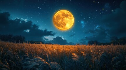 Fototapeta premium Full moon and Japanese pampas grass in midnight,The harvest Miscanthus sinensis and full moon,beautiful night sky in the countryside with the perfect moon exudes beauty in the dark.