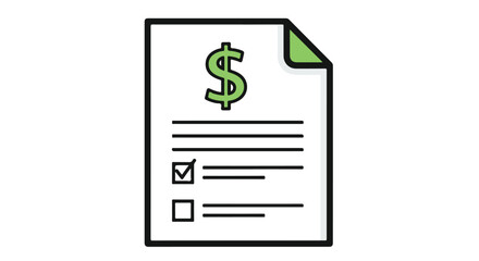 Financial document checklist with dollar sign represents expenses and budget management with green highlighted corner represents compliance