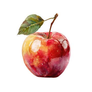 Vibrant watercolor apple with green leaf on a dark background.