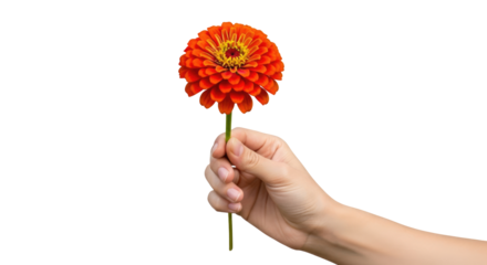 a simple zinnia flower, gently offered a symbol of summers warm embrace, isolated on transparent background