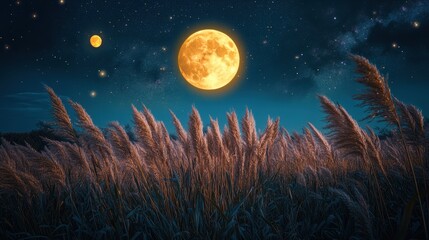 Fototapeta premium Full moon and Japanese pampas grass in midnight,The harvest Miscanthus sinensis and full moon,beautiful night sky in the countryside with the perfect moon exudes beauty in the dark.