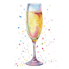 Vibrant watercolor champagne glass with colorful splashes for celebrations.