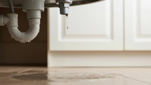 A Leaky Sink with Dripping Water Underneath a Bathroom Cabinet, Pinhole Leak in Plumbing System Under Kitchen Sink with Water on the Floor