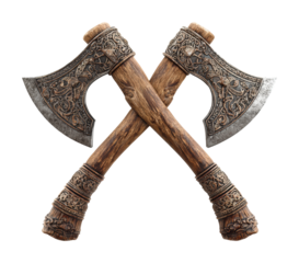 Dual ornate axes displayed on isolated on transparent background
