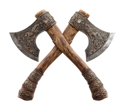 Dual ornate axes displayed on isolated on transparent background