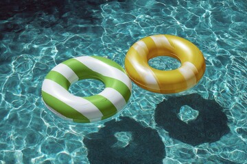 Two striped inflatable pool toys on rippled water