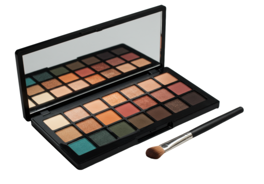 Open rectangular eyeshadow palette (15 colorful matte/shimmer pans, silver trim, mirror) with clean blending brush, on transparent background, bright studio light. High-end beauty product display