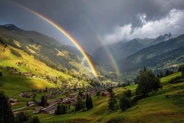 Double rainbow over alpine valley