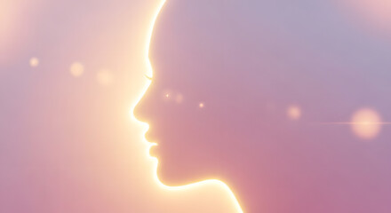Obraz premium Conceptual illustration of a woman's profile silhouette glowing with a radiant aura, symbolizing inner light, spirituality, and hope