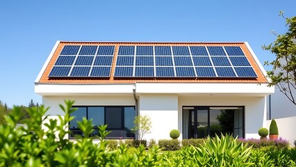 Fototapeta premium A modern house with integrated solar panels, representing sustainable living and architecture.