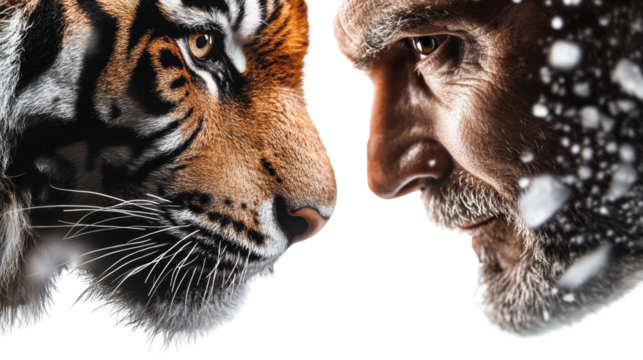 Man and tiger face to face on transparent background