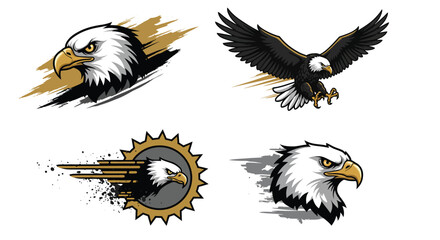Four majestic eagle illustrations showcasing the birds head and full body in dynamic poses, with a blend of traditional and modern design elements