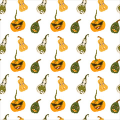 Seamless vector pattern with Halloween pumpkin. Character with emotions. Illustration for wallpaper, print. 