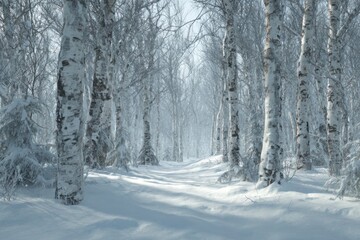 Silent Birch Forest with Drifting Snow