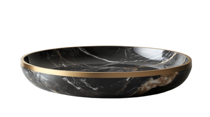 Stylish and modern black marble and gold ceramic tray or platter isolated on a transparent background