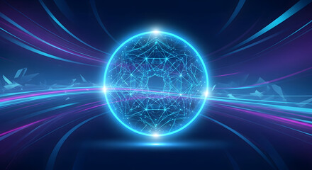 Conceptual art of a glowing digital sphere representing a futuristic network core with dynamic light trails