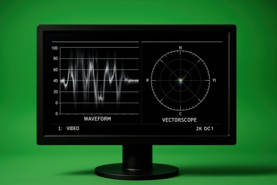 Professional video editing monitor displaying waveform and vectorscope on a green screen background