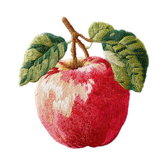 Vivid embroidered red apple with green leaves and stem on black background