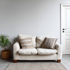 A cream-colored loveseat with patterned throw pillows sits in a neutral-toned room.