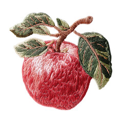 Detailed embroidery of a single red apple with leaves and stem on black